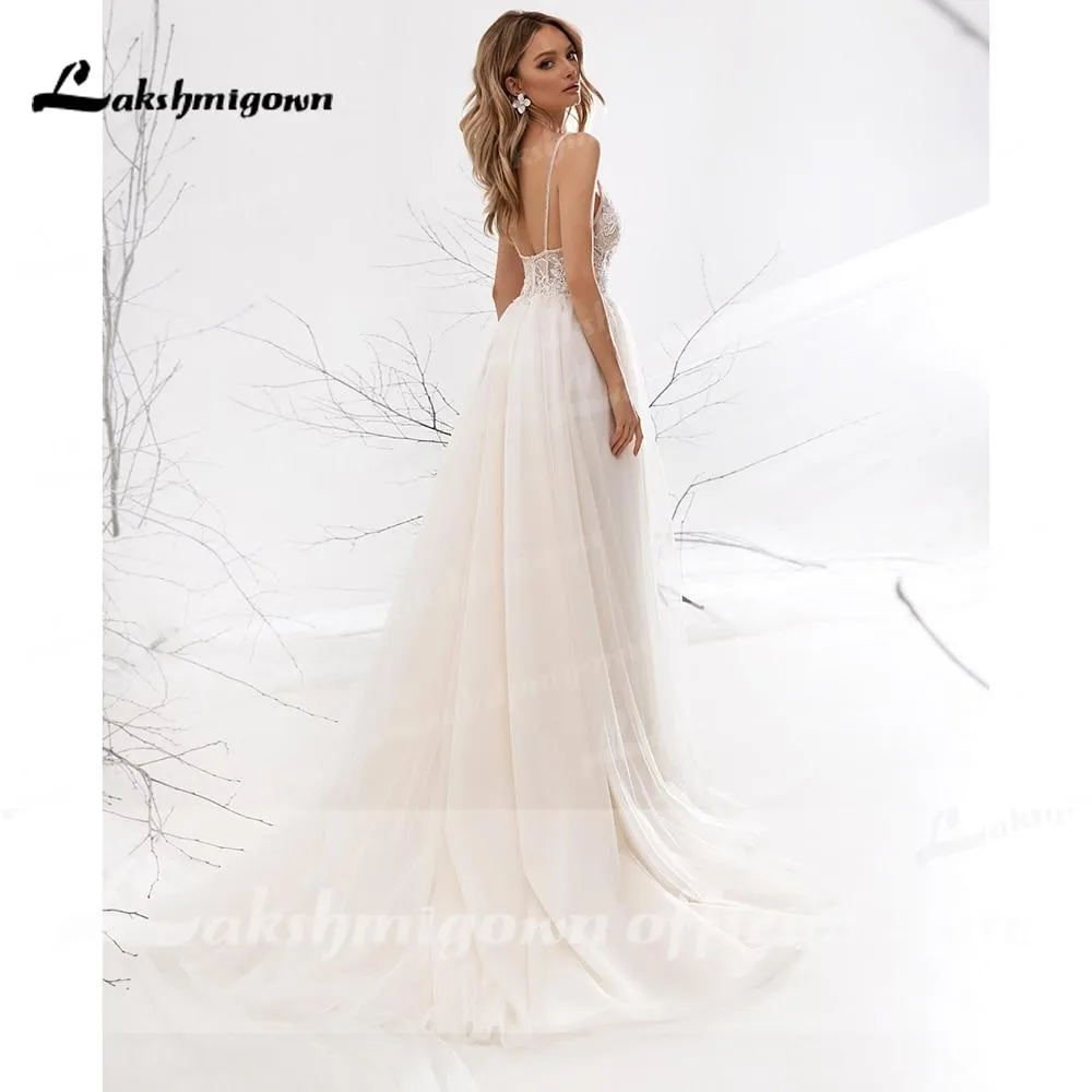 Roycebridal A Line Long Sleeve V Neck Lace Backless Wedding Dresses