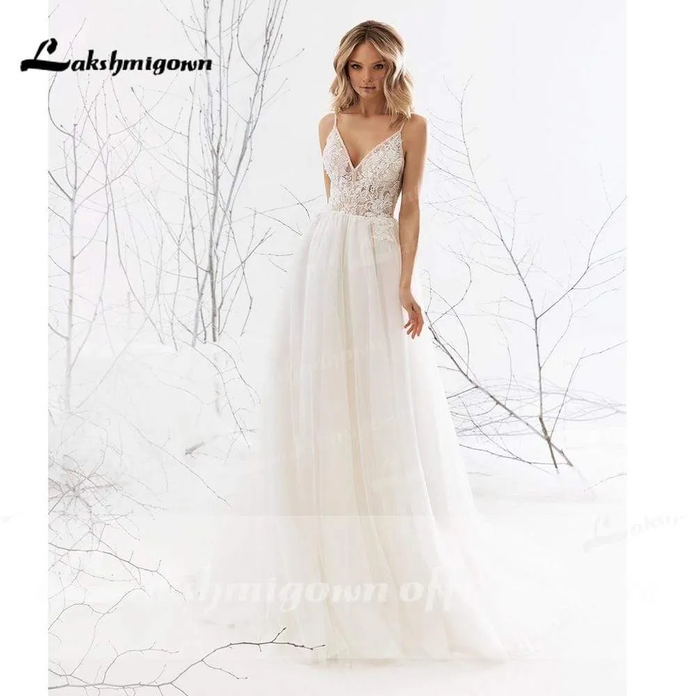 Roycebridal A Line Long Sleeve V Neck Lace Backless Wedding Dresses