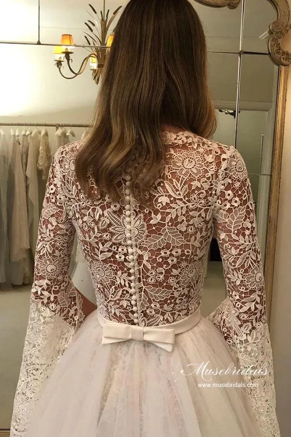 Roycebridal A-line Long Sleeves Floral Lace Wedding Dresses With Detachable Train, MW953