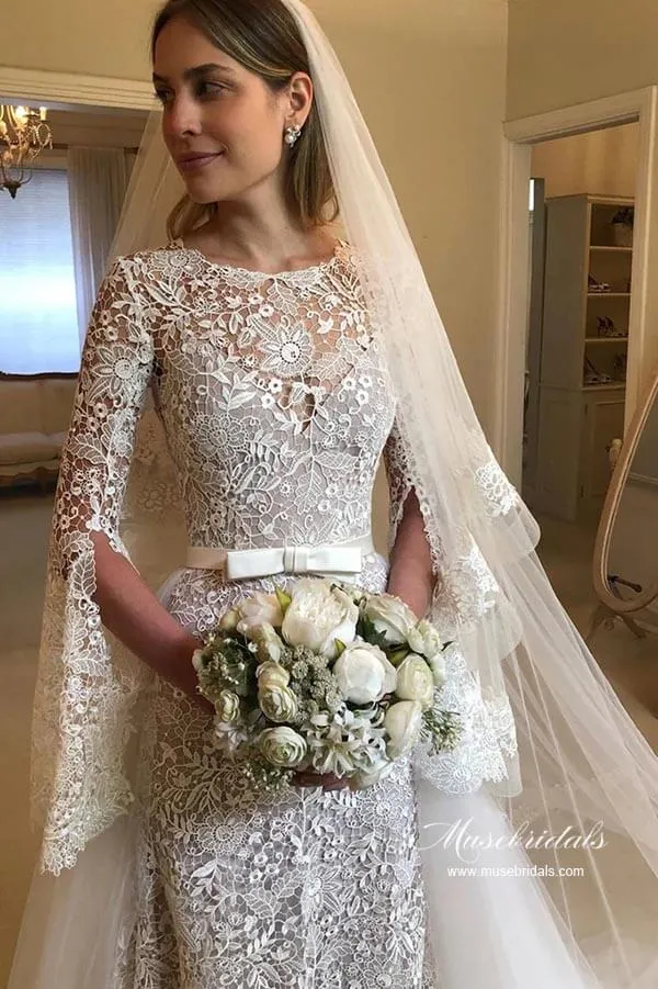 Roycebridal A-line Long Sleeves Floral Lace Wedding Dresses With Detachable Train, MW953