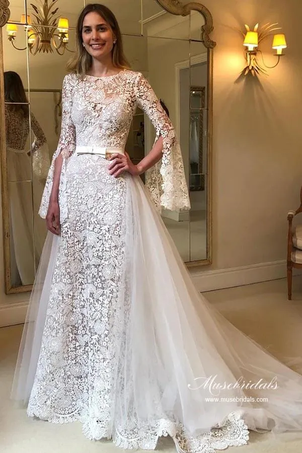 Roycebridal A-line Long Sleeves Floral Lace Wedding Dresses With Detachable Train, MW953