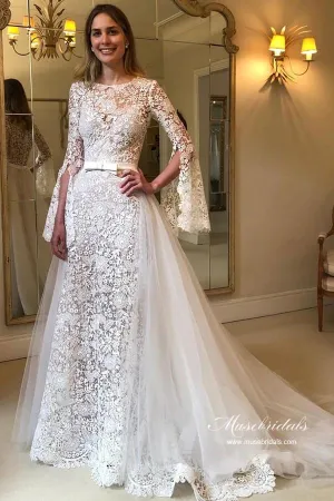 Roycebridal A-line Long Sleeves Floral Lace Wedding Dresses With Detachable Train, MW953
