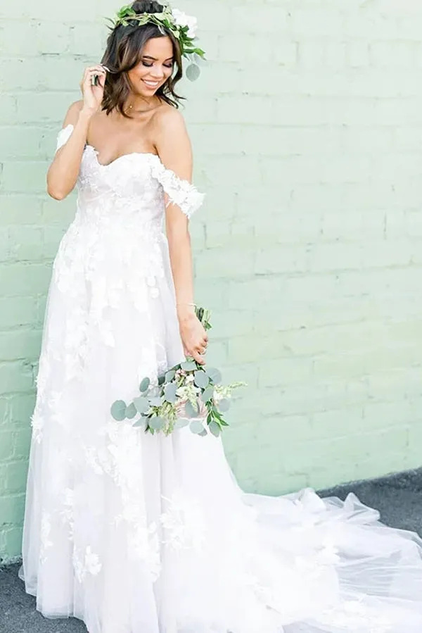 Roycebridal A-line Off-the-shoulder Applique Court Train Rustic Wedding Dress,MW506
