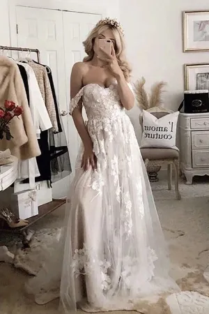 Roycebridal A-line Off-the-shoulder Applique Court Train Rustic Wedding Dress,MW506