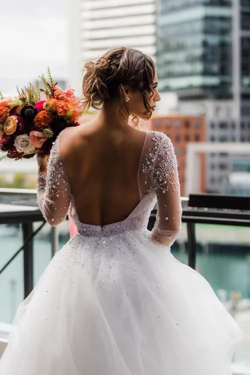 Roycebridal A-Line Scoop Long Sleeve Pearl Princess Wedding Dress With Backless,MW389