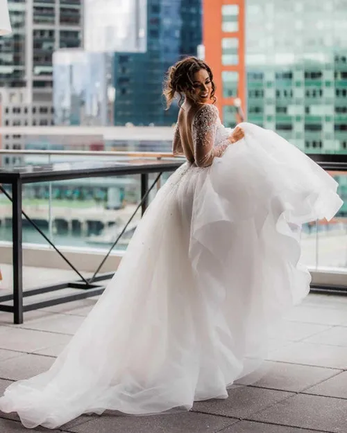 Roycebridal A-Line Scoop Long Sleeve Pearl Princess Wedding Dress With Backless,MW389