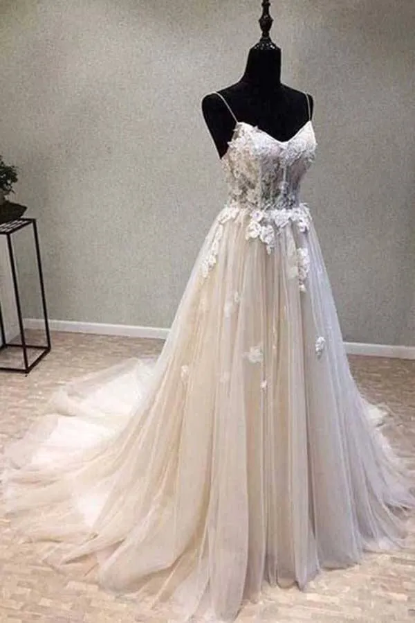 Roycebridal A-line Spaghetti Straps Wedding Dress with Lace Appliques, Wedding Gown, MW727