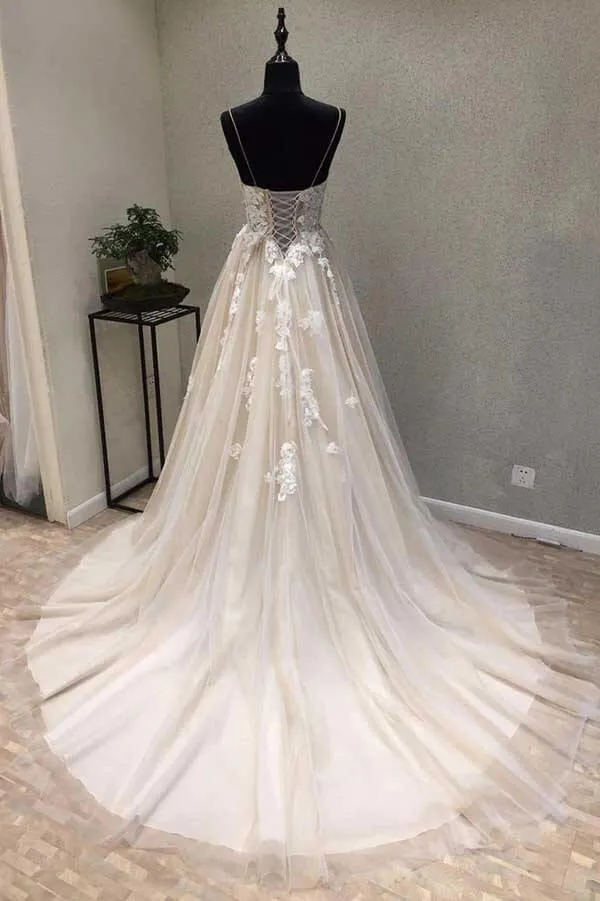 Roycebridal A-line Spaghetti Straps Wedding Dress with Lace Appliques, Wedding Gown, MW727