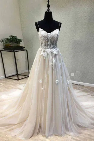 Roycebridal A-line Spaghetti Straps Wedding Dress with Lace Appliques, Wedding Gown, MW727