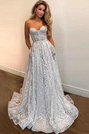 Roycebridal A-line Sweetheart Strapless Sweep Train Lace Pockets Wedding Dress with Sequins,MW342