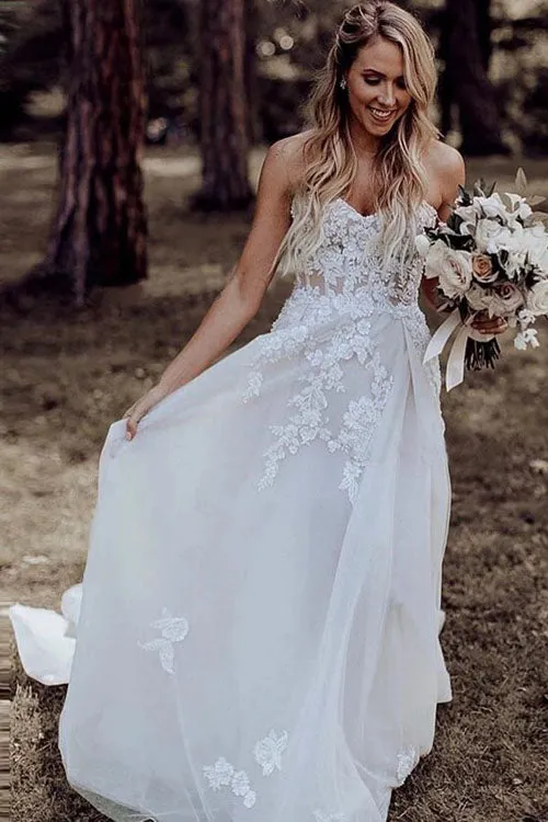 Roycebridal A-Line Sweetheart Sweep Train Wedding Dress with Appliques Beading, MW309
