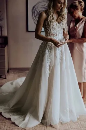 Roycebridal A-Line Sweetheart Sweep Train Wedding Dress with Appliques Beading, MW309