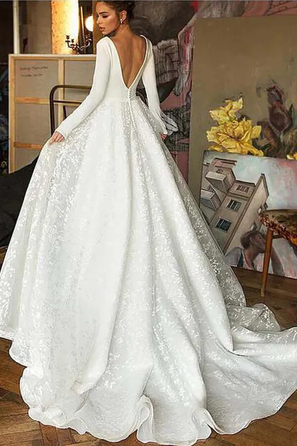 Roycebridal A-line V-neck Long Sleeves Wedding Dresses With Court Train, Bridal Gown, MW782