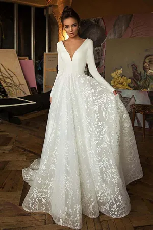 Roycebridal A-line V-neck Long Sleeves Wedding Dresses With Court Train, Bridal Gown, MW782