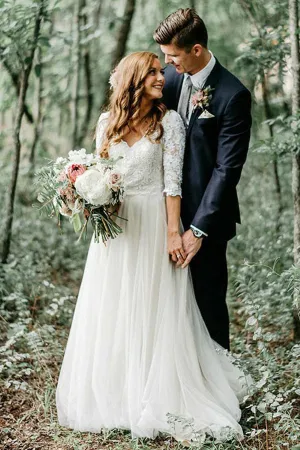 Roycebridal A-line V-neck Open Back Half Sleeves Long Wedding Dresses, Fairy Wedding Dresses,MW409