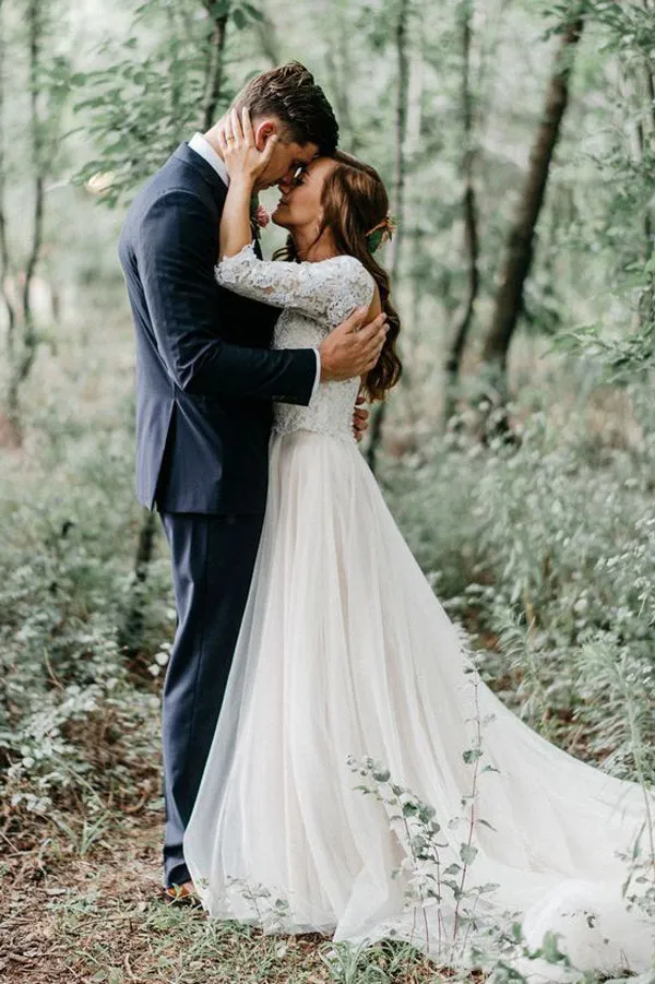 Roycebridal A-line V-neck Open Back Half Sleeves Long Wedding Dresses, Fairy Wedding Dresses,MW409