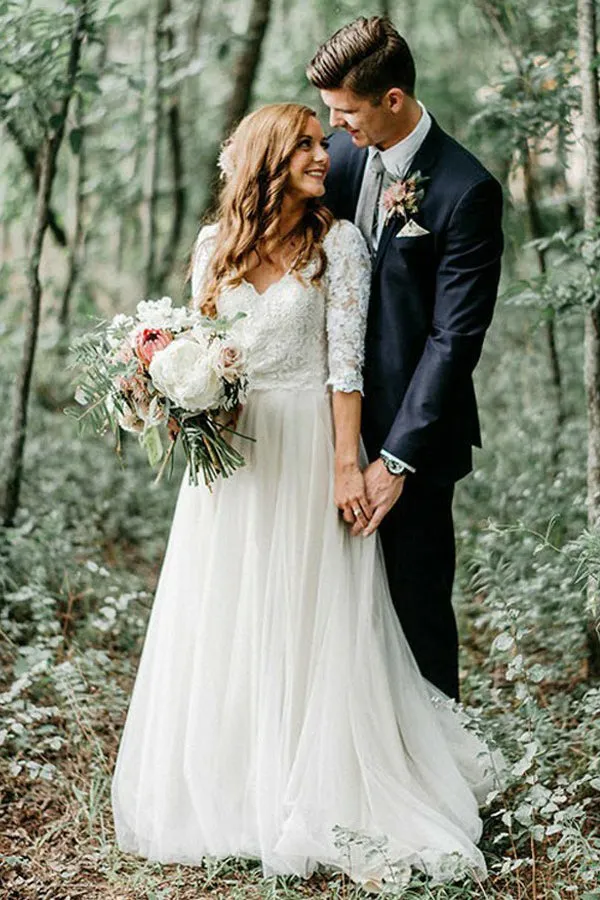 Roycebridal A-line V-neck Open Back Half Sleeves Long Wedding Dresses, Fairy Wedding Dresses,MW409