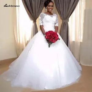 Roycebridal African Wedding Dress Lace Up Back Half Sleeves