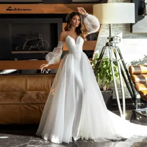 Roycebridal African White Satin Mermaid Wedding Dress 2 in 1Puffy Sleeves