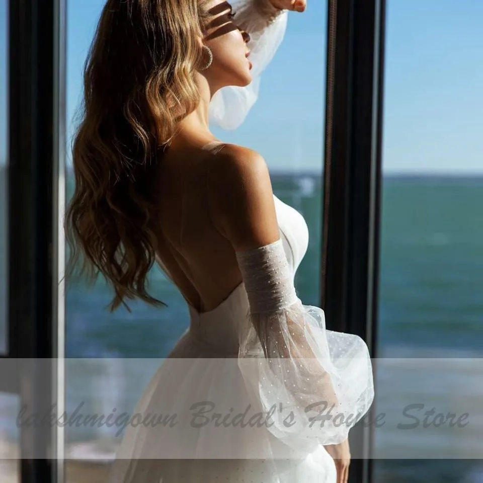 Roycebridal African White Satin Mermaid Wedding Dress 2 in 1Puffy Sleeves