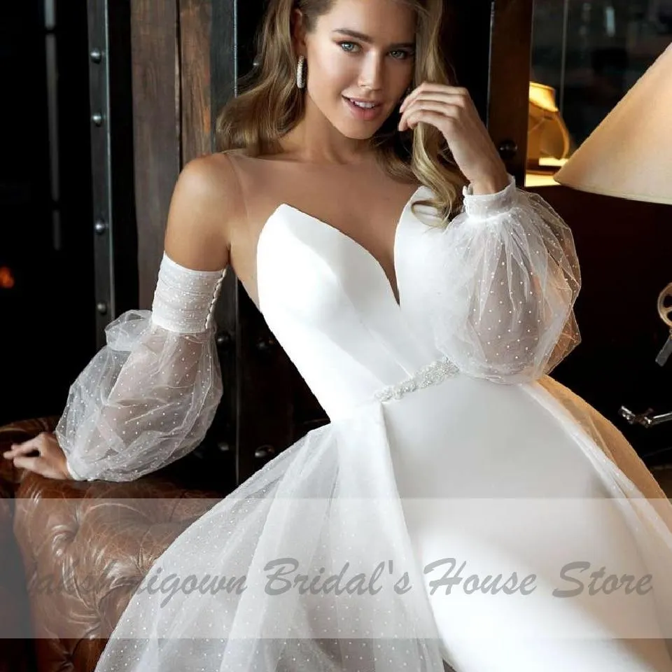 Roycebridal African White Satin Mermaid Wedding Dress 2 in 1Puffy Sleeves