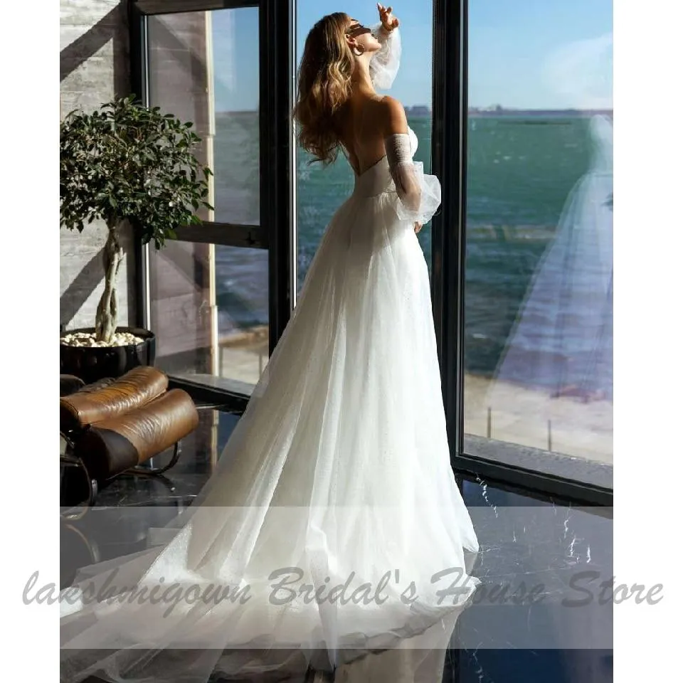 Roycebridal African White Satin Mermaid Wedding Dress 2 in 1Puffy Sleeves