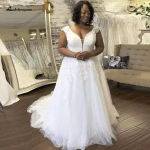 Roycebridal African White Wedding Dress Plus Size Lace Appliques Bridal Dress