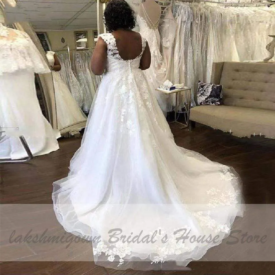 Roycebridal African White Wedding Dress Plus Size Lace Appliques Bridal Dress