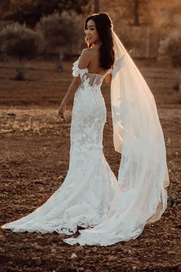 Roycebridal Amazing Mermaid Off the shoulder Tull Applique Rustic Wedding Dress,MW504