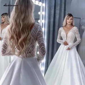 Roycebridal Arabic Women Satin Long Sleeve Wedding Dress