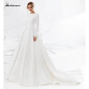 Roycebridal Backless O Neck Lace Beads Satin Simple Wedding Dresses