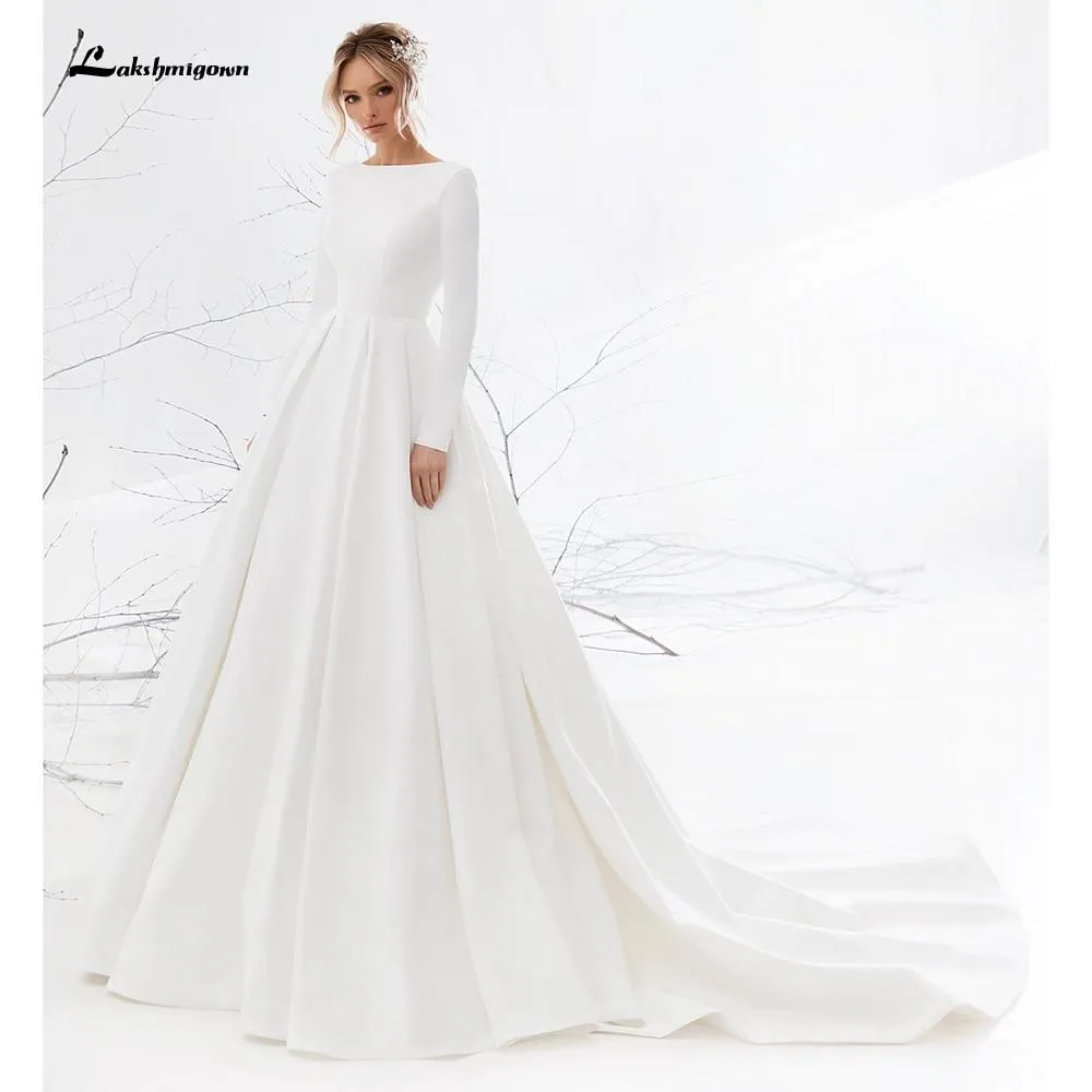 Roycebridal Backless O Neck Lace Beads Satin Simple Wedding Dresses
