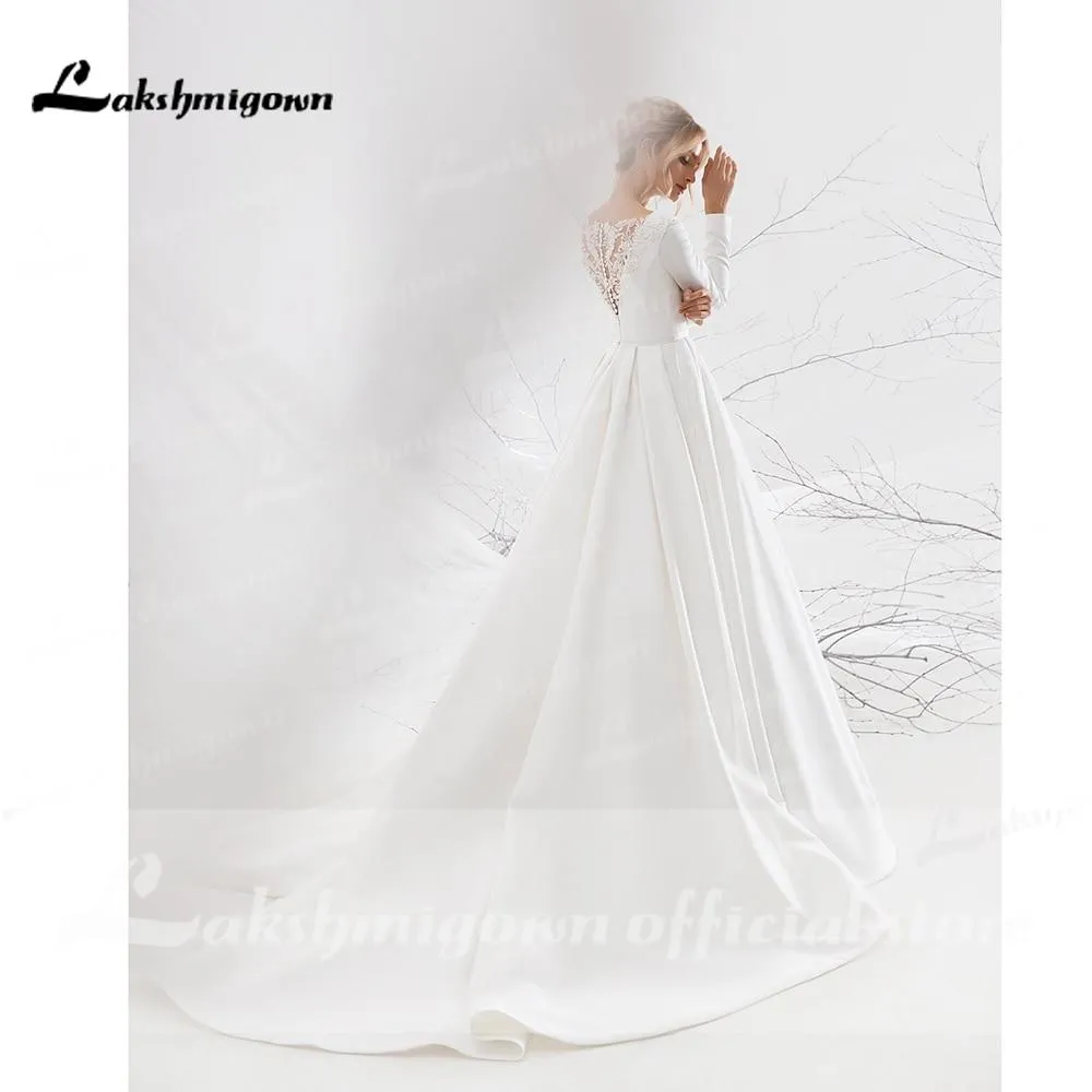 Roycebridal Backless O Neck Lace Beads Satin Simple Wedding Dresses