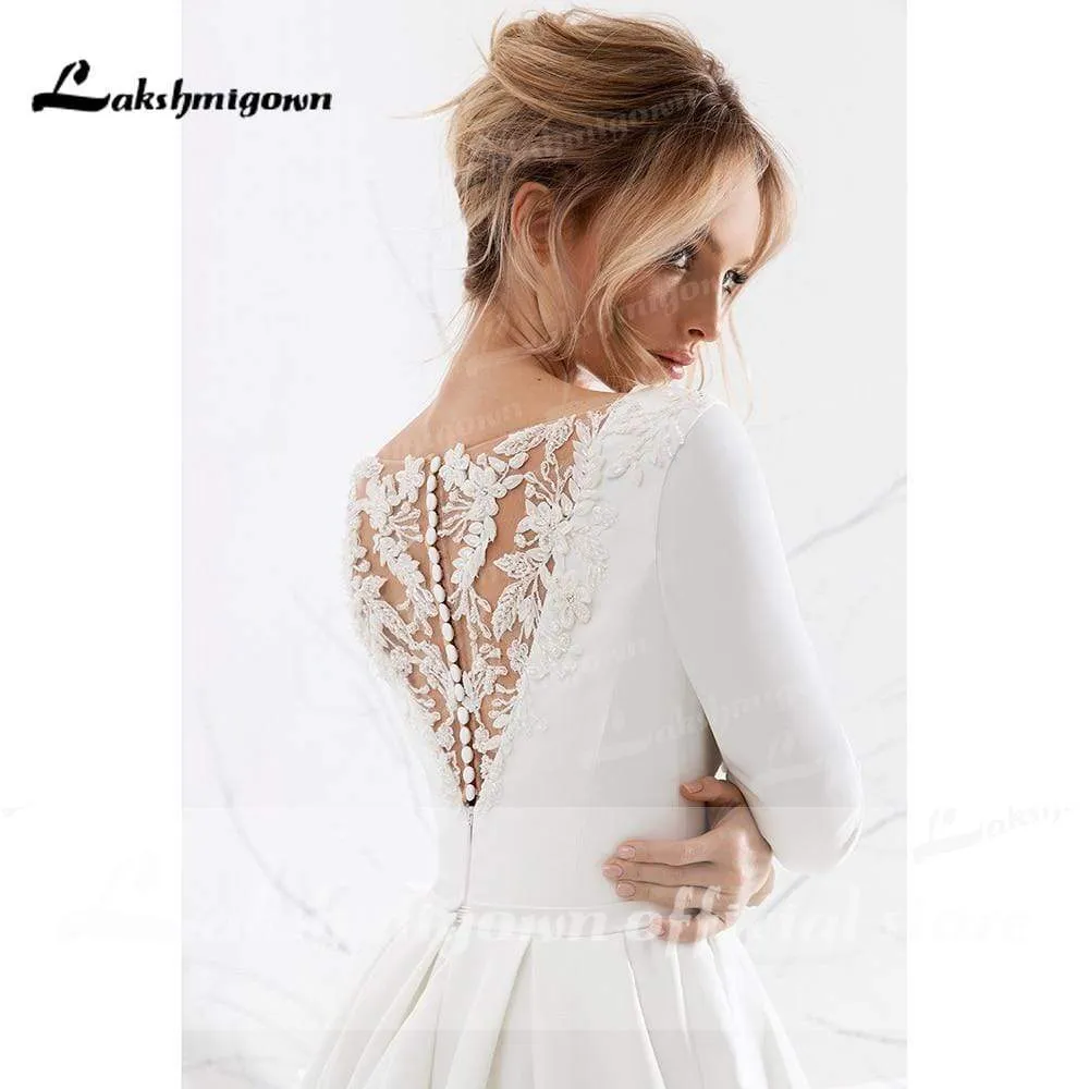 Roycebridal Backless O Neck Lace Beads Satin Simple Wedding Dresses