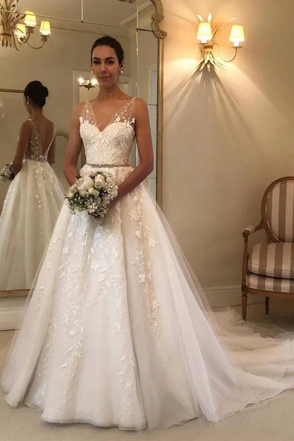 Roycebridal Backless Rustic V-Neck Lace Wedding Dresses Wedding Dress, MW287