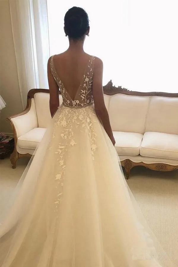 Roycebridal Backless Rustic V-Neck Lace Wedding Dresses Wedding Dress, MW287