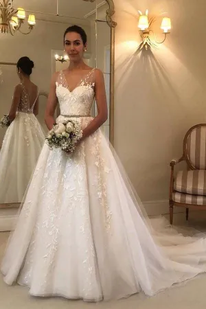 Roycebridal Backless Rustic V-Neck Lace Wedding Dresses Wedding Dress, MW287