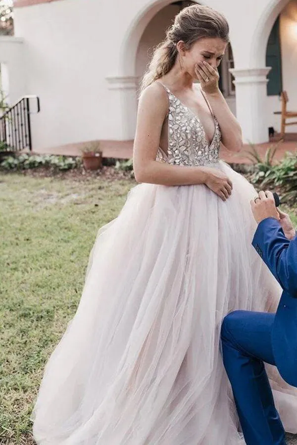 Roycebridal Ball Gown Beaded Bodice Deep V-neck Wedding Dresses, Bridal Gown, MW622