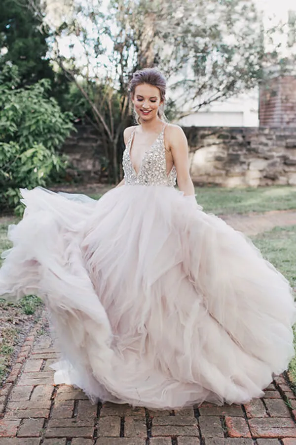 Roycebridal Ball Gown Beaded Bodice Deep V-neck Wedding Dresses, Bridal Gown, MW622