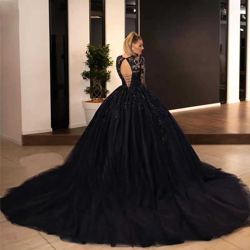 Roycebridal Ball Gown Black GothiC Wedding Dresses Bead Lace Appliques Bridal Gowns with Long Sleeve Lace-up Princess Bride Dress Plus Size