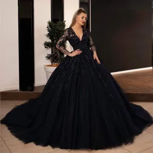 Roycebridal Ball Gown Black GothiC Wedding Dresses Bead Lace Appliques Bridal Gowns with Long Sleeve Lace-up Princess Bride Dress Plus Size