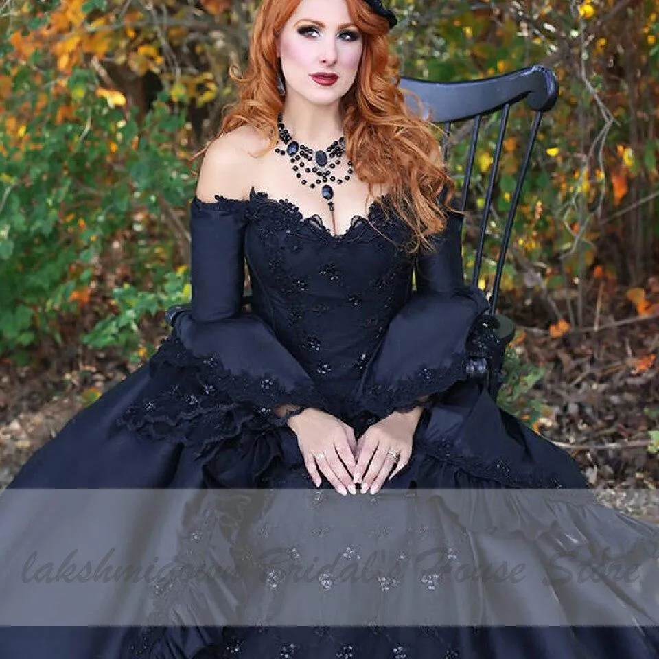 Roycebridal Ball Gown Black Wedding Dress Satin Halloween Christmas Dress