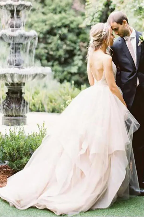 Roycebridal Ball Gown Tulle Spaghetti Straps Open Back Wedding Dresses, Bridal Gown, MW580
