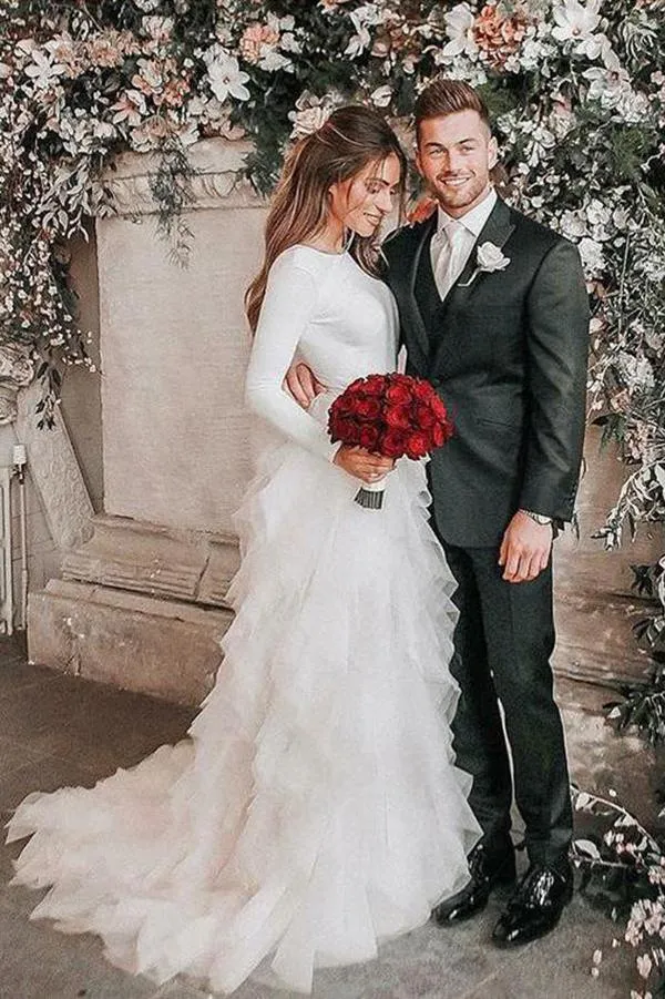 Roycebridal Bateau A-Line Long Sleeves High Neck Ruffles Tulle Elegant Wedding Dress,MW430