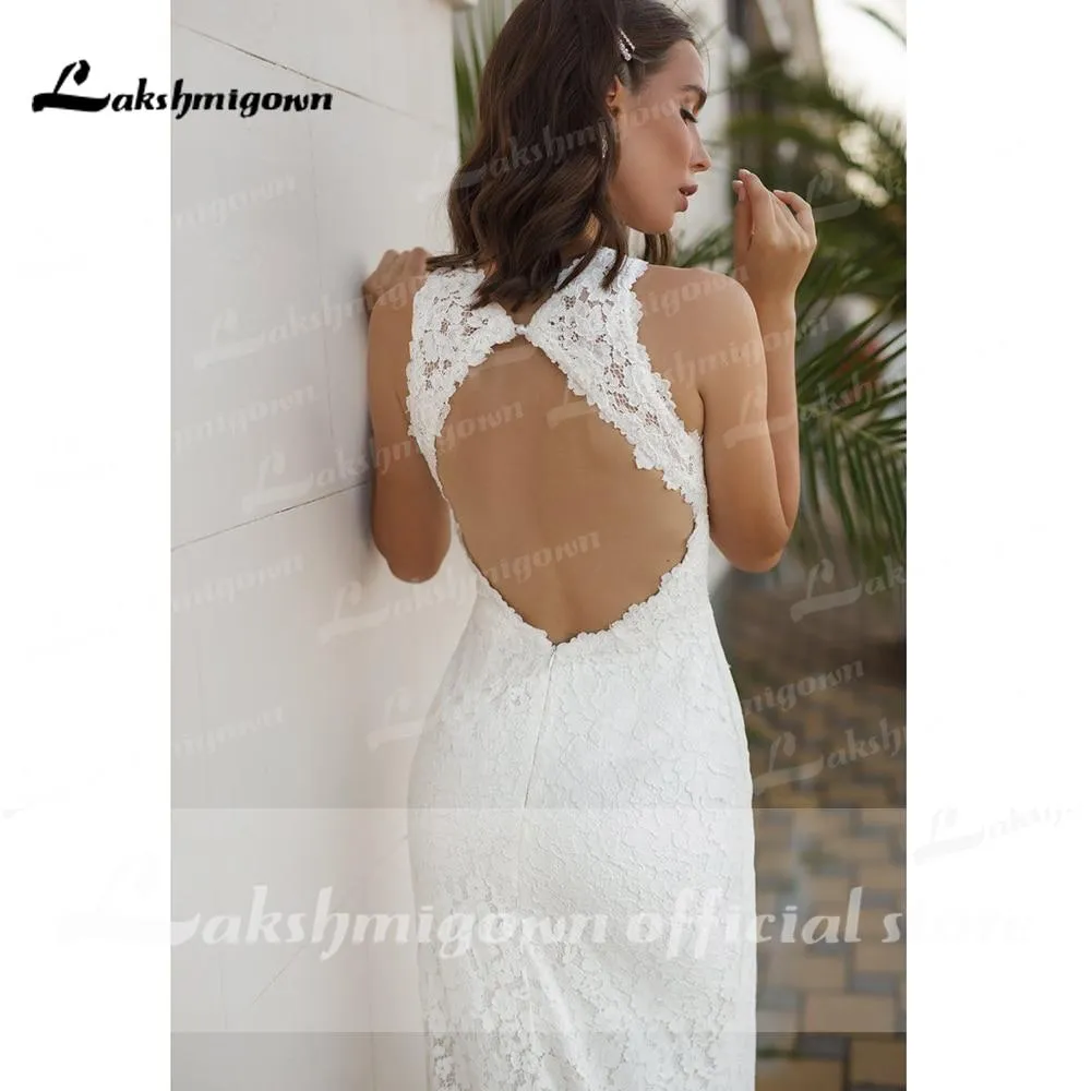 Roycebridal Beach Sleeveless V Neck Lace Satin Backless Wedding Dresses