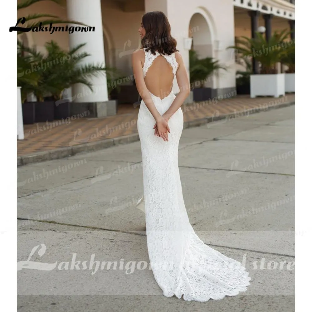 Roycebridal Beach Sleeveless V Neck Lace Satin Backless Wedding Dresses