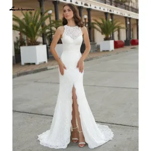 Roycebridal Beach Sleeveless V Neck Lace Satin Backless Wedding Dresses