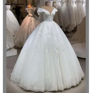 Roycebridal Beautiful print wedding dresses lace-up back lace print V neck