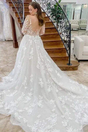 Roycebridal Beautiful Tulle A-line Long Sleeves Wedding Dresses With Lace Appliques, MW823