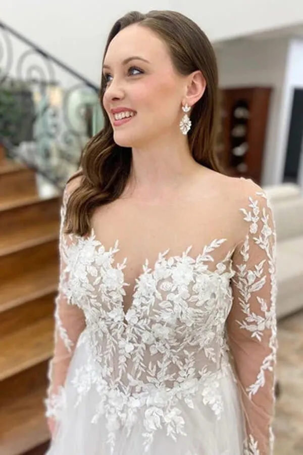 Roycebridal Beautiful Tulle A-line Long Sleeves Wedding Dresses With Lace Appliques, MW823